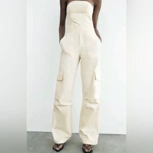 Zara Cream Wide-Leg Cargo Jumpsuit Pants